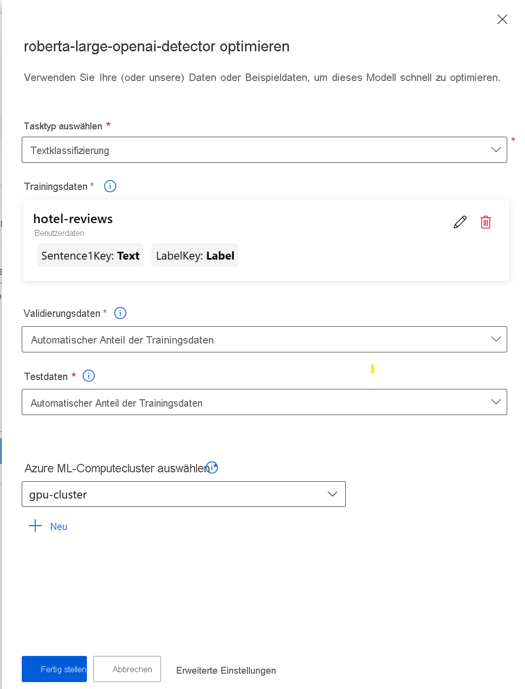 Screenshot of fine-tuning job configuration.