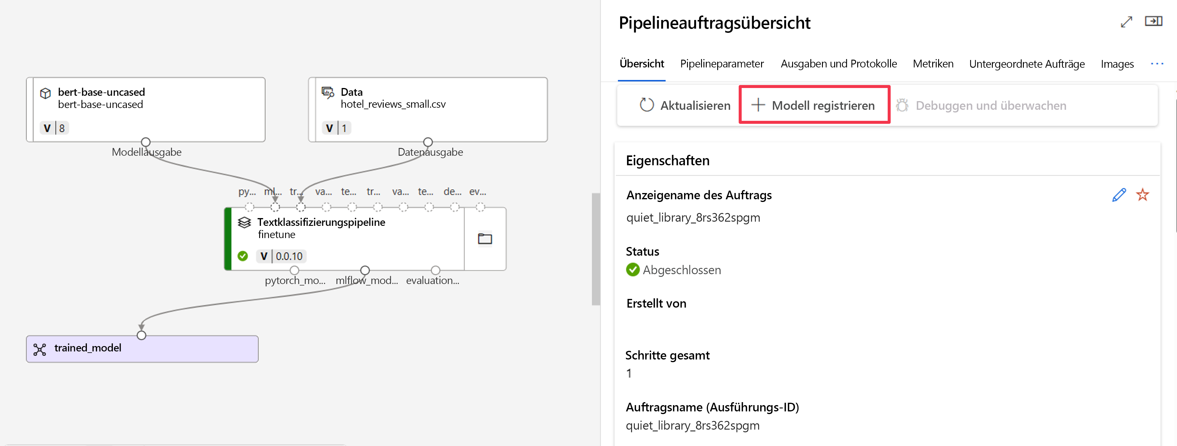 Screenshot of pipeline job overview with register model feature.