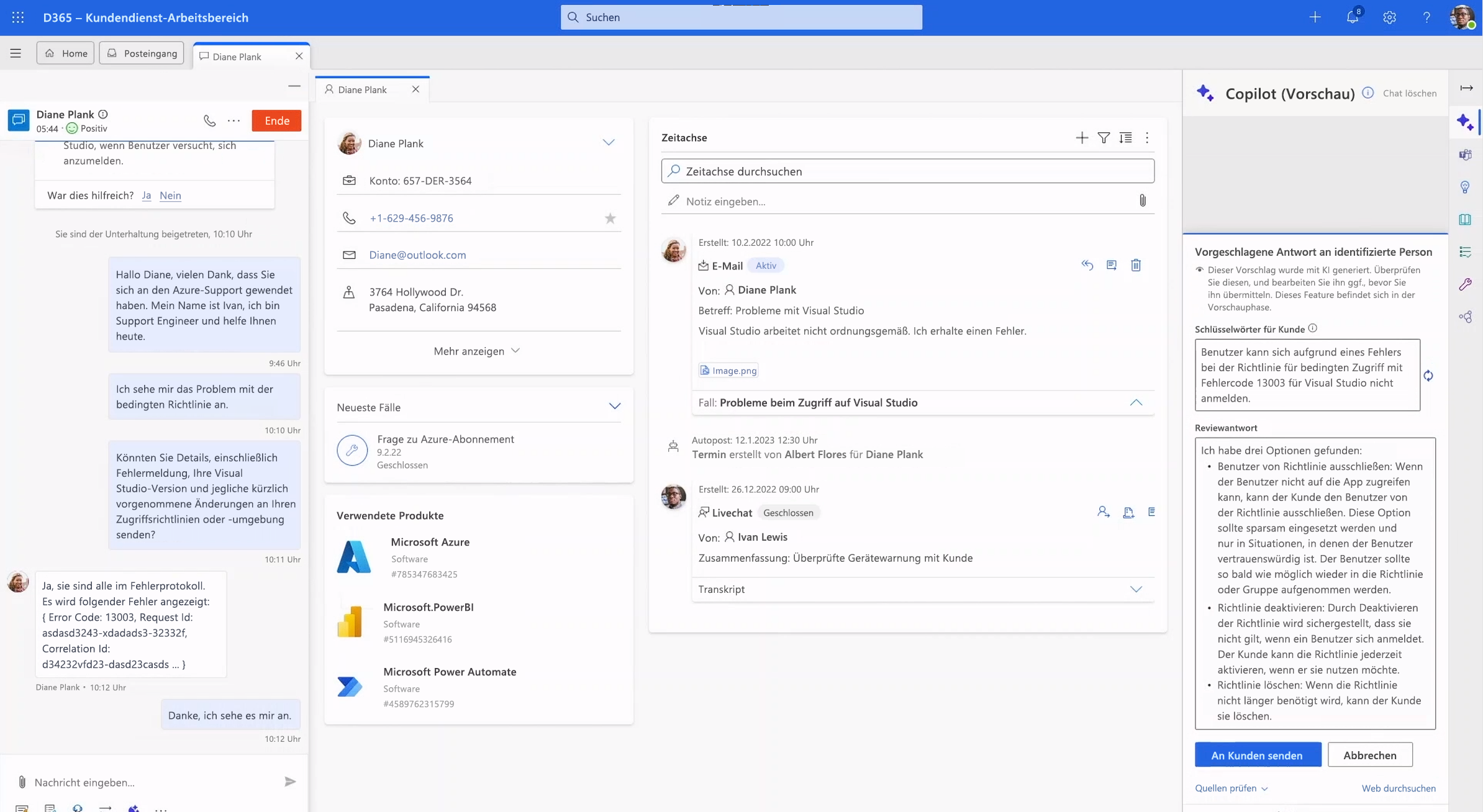 Screenshot: Copilot für den Dynamics 365-Kundendienst.