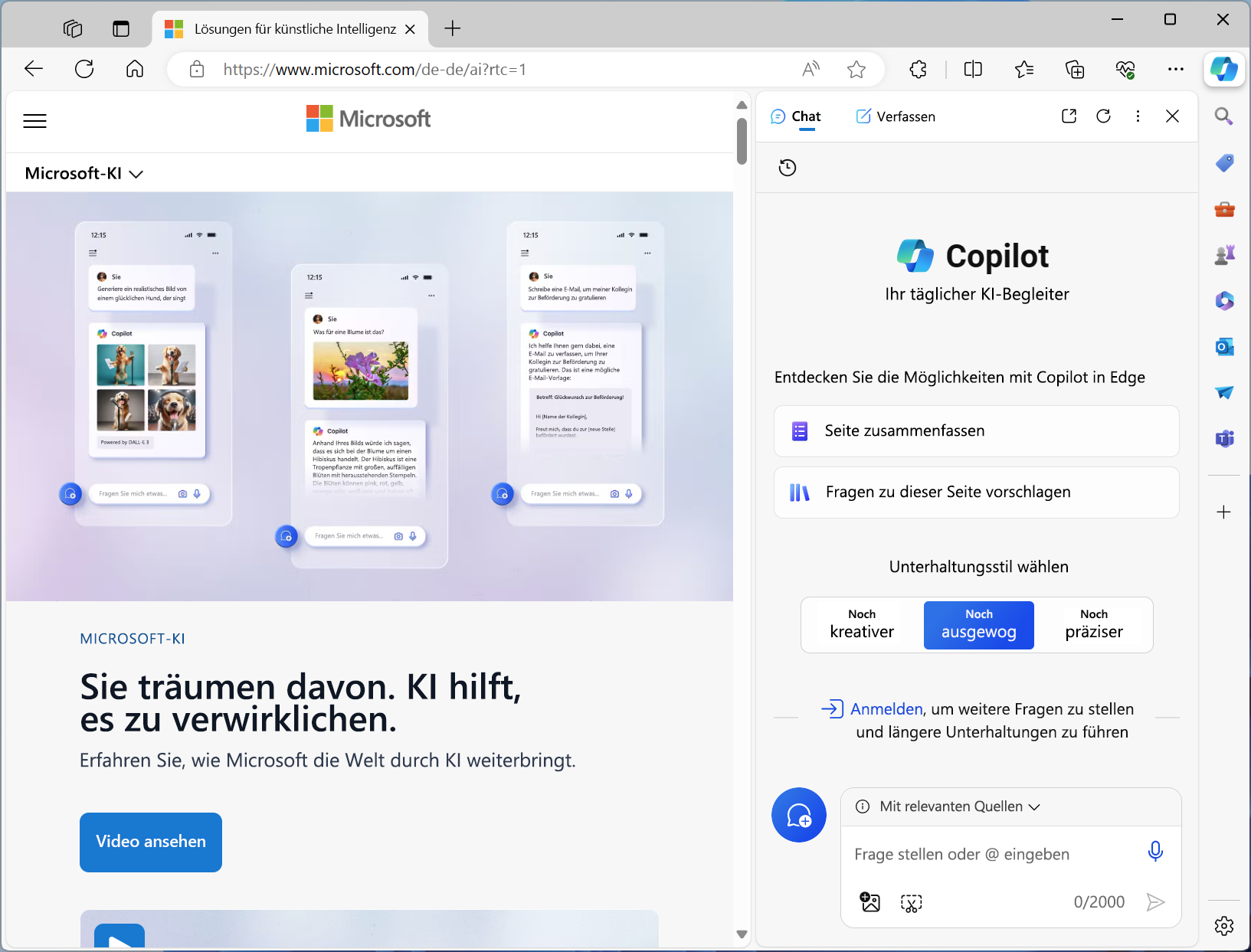 Screenshot: Microsoft Copilot im Edge-Webbrowser integriert.