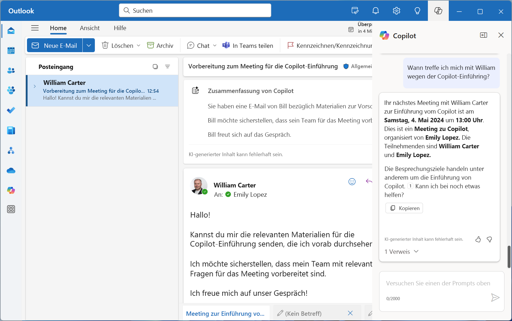 Screenshot: Microsoft Copilot für Microsoft 365 mit einem Beispiel in Outlook.