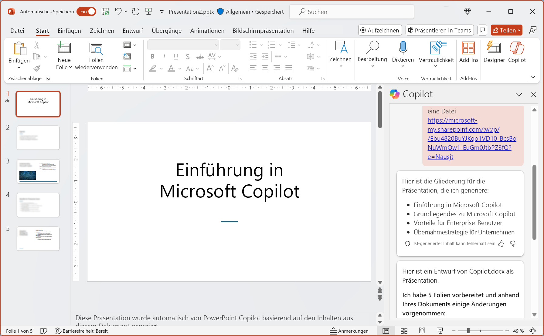 Screenshot: Microsoft Copilot für Microsoft 365 mit einem Beispiel in PowerPoint.