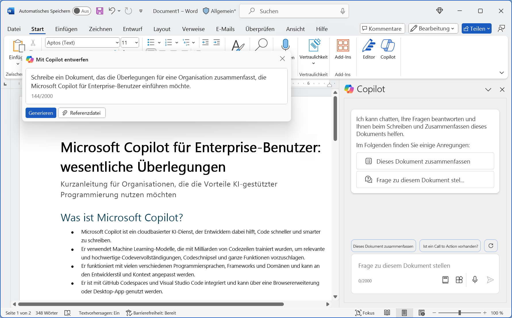 Screenshot: Microsoft Copilot für Microsoft 365 mit einem Beispiel in Word.