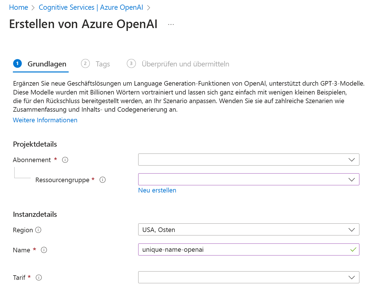 Screenshot der Seite im Azure-Portal zum Erstellen einer Azure OpenAI Service-Ressource.