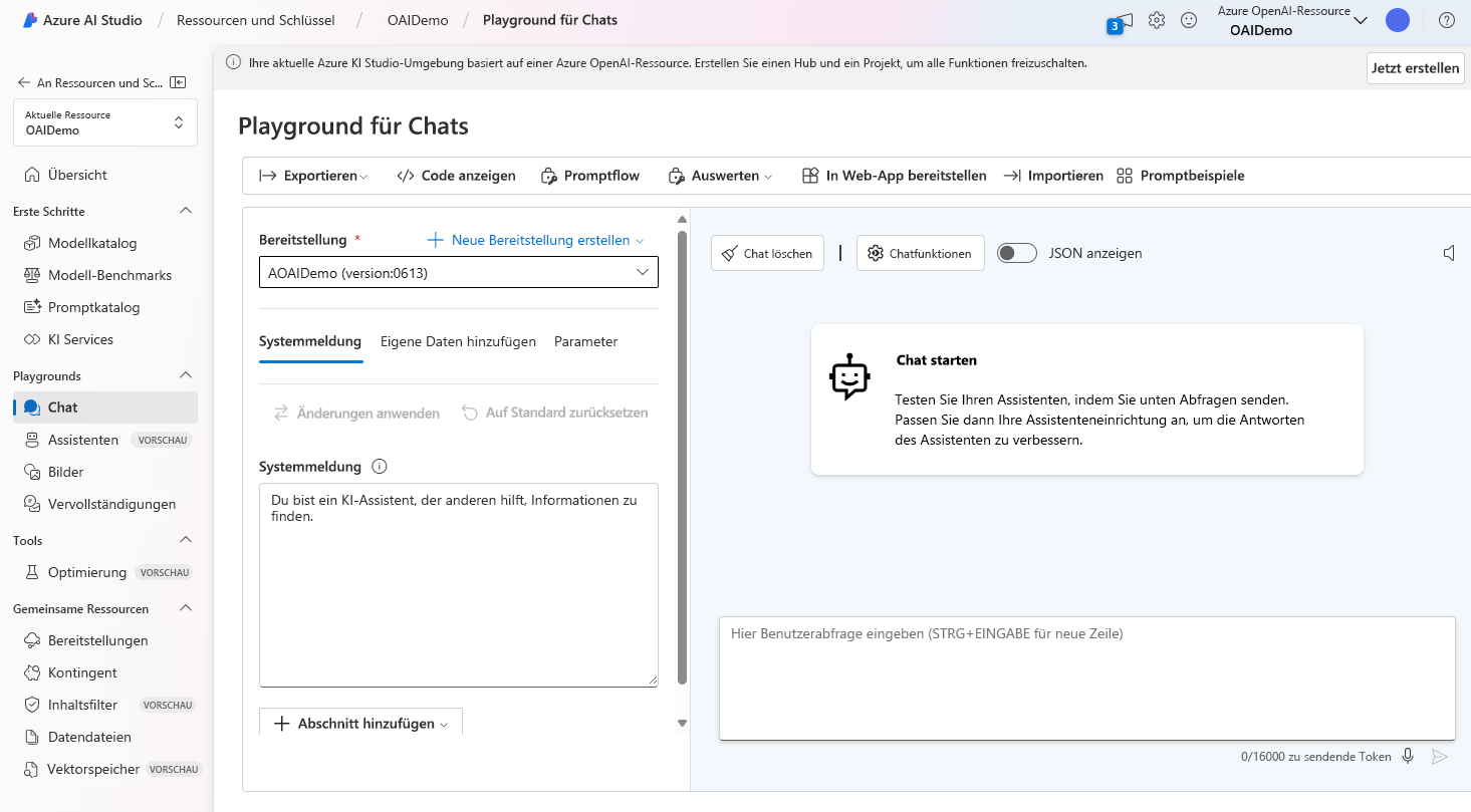 Screenshot des Chat-Playgrounds im Azure KI Studio-Portal.