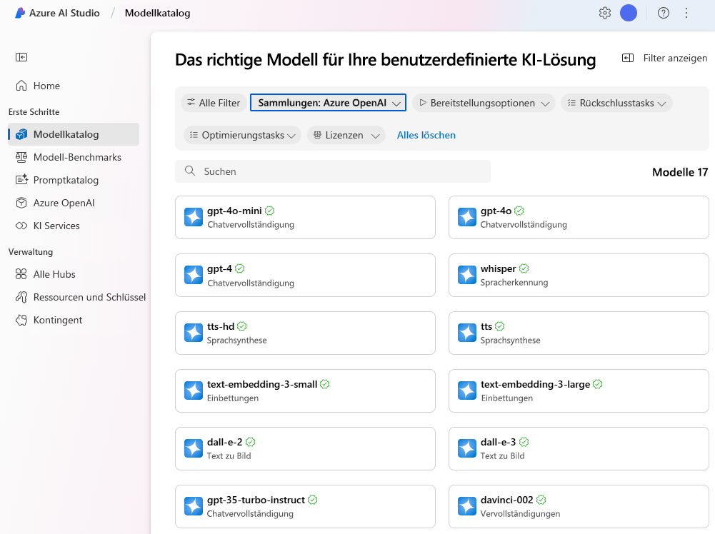 Screenshot der sofort einsatzbereiten generativen KI-Modelle im Azure KI Studio-Portal.