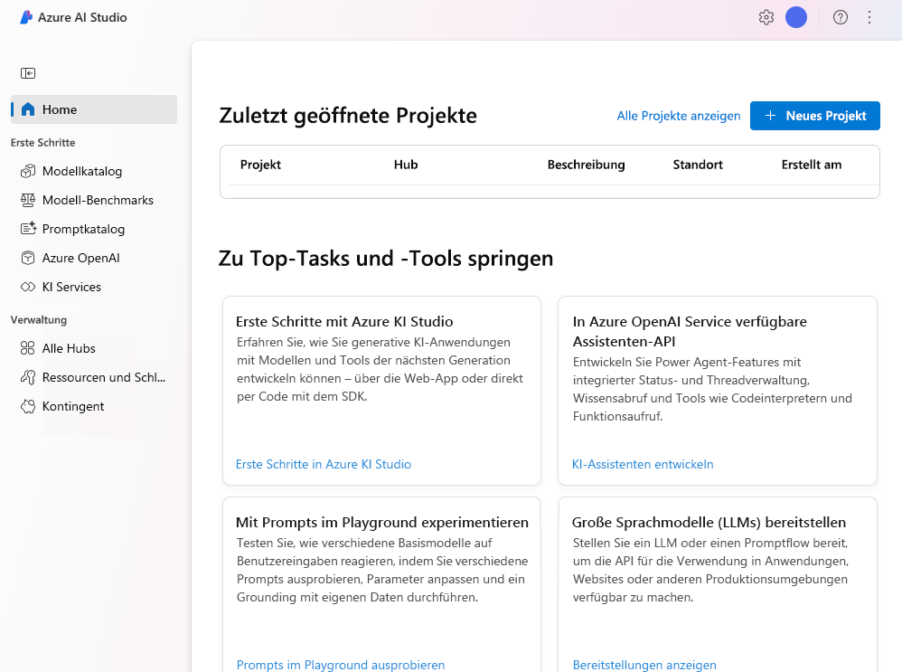 Screenshot des Azure KI Studio-Portals, über das Sie auf mehrere Features zugreifen können