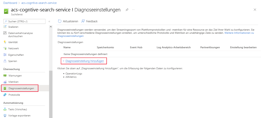 Screenshot showing how to add diagnostics to an Azure AI Search service.