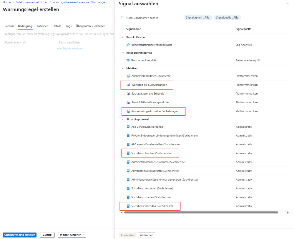 A screenshot of all the metric you can create alerts for.