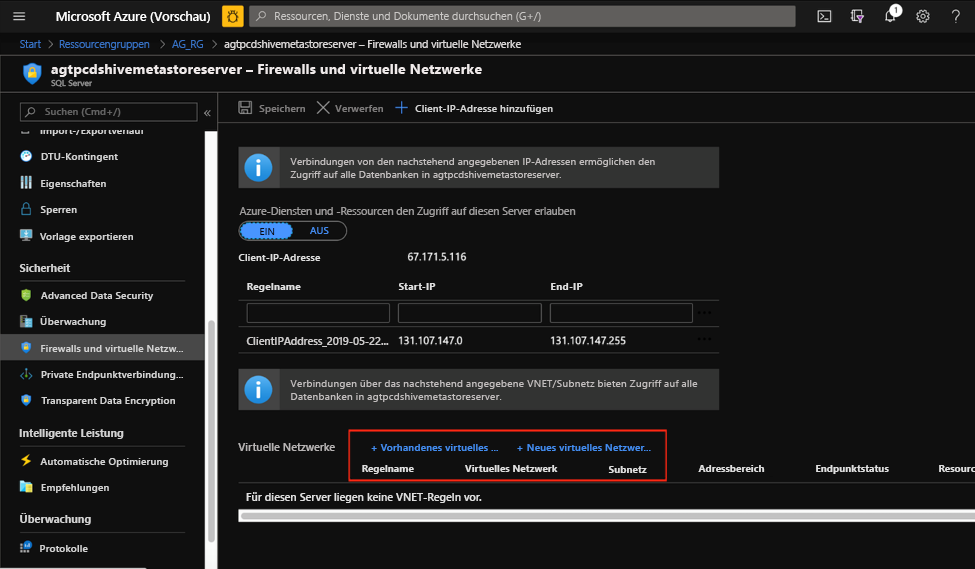 SQL-Datenbank: Konfigurationen von virtuellen Netzwerken