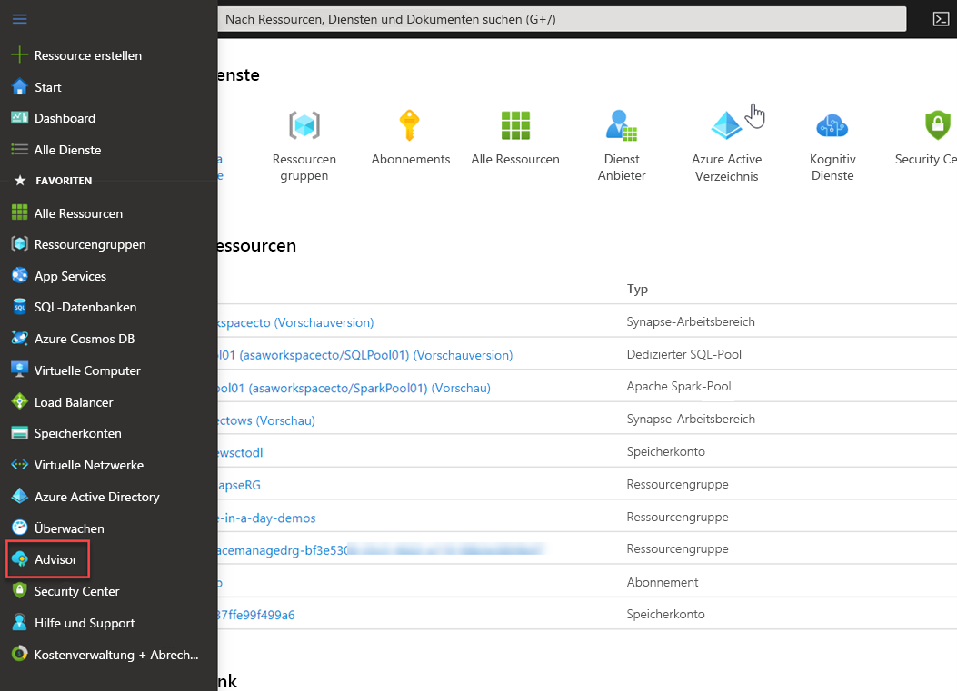 Zugriff auf den Advisor im Azure-Portal.