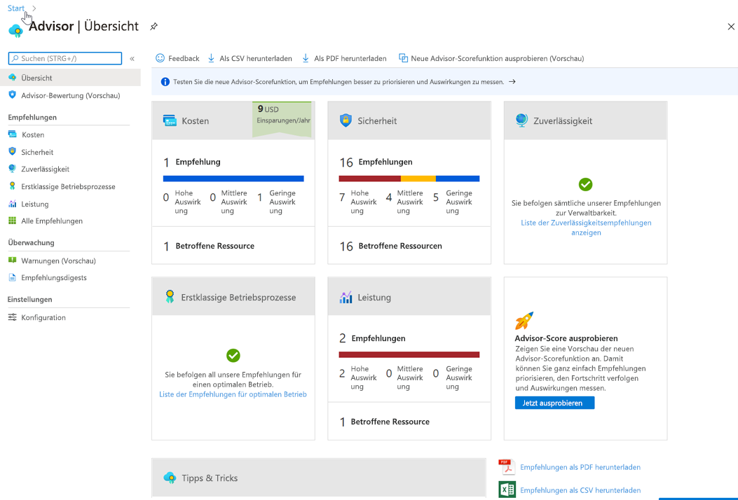 Das Advisor-Dashboard im Azure-Portal.