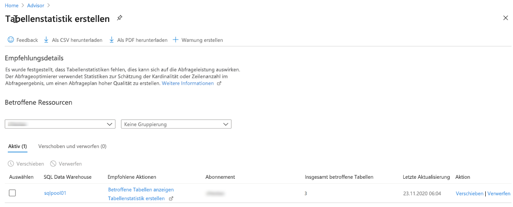 Anzeigen von Advisor-Details im Azure-Portal.