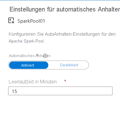 Einstellungen für AutoAnhalten in Azure Synapse Studio.