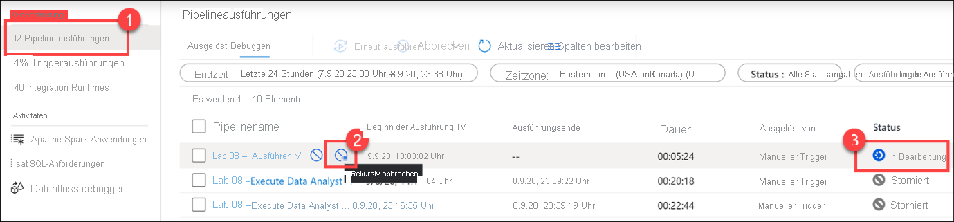 Die Option „Rekursiv abbrechen“ wird angezeigt, Screenshot 2.