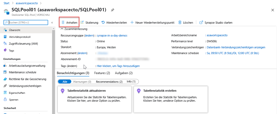 Anhalten von Compute-Vorgängen im Azure-Portal.