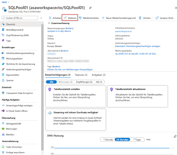 Skalieren der Computeleistung im Azure-Portal.