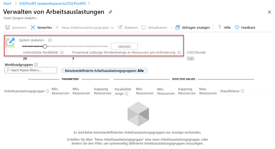 Verwenden des Schiebereglers im Azure-Portal zum Skalieren der Computeleistung.