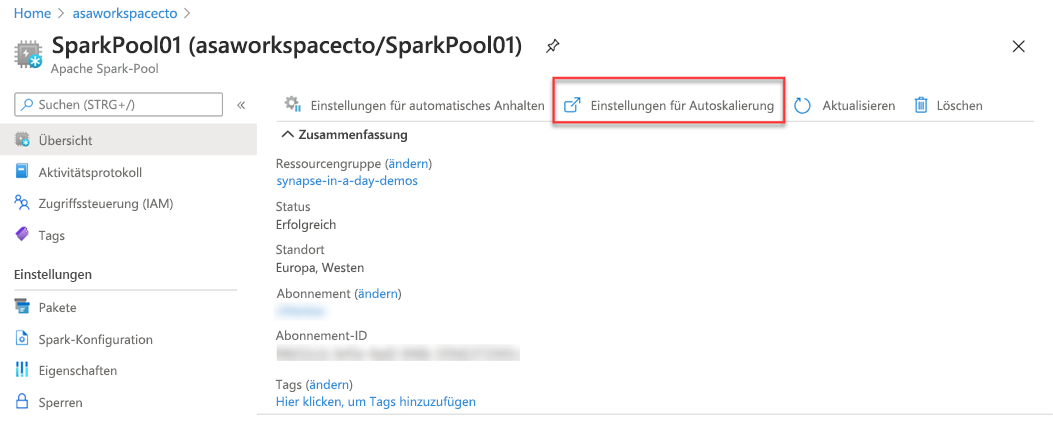 Spark-Autoskalierung im Azure-Portal.