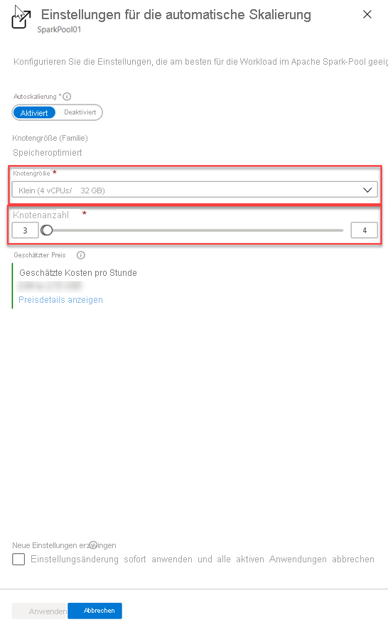 Konfigurieren von Spark-Knoten im Azure-Portal.