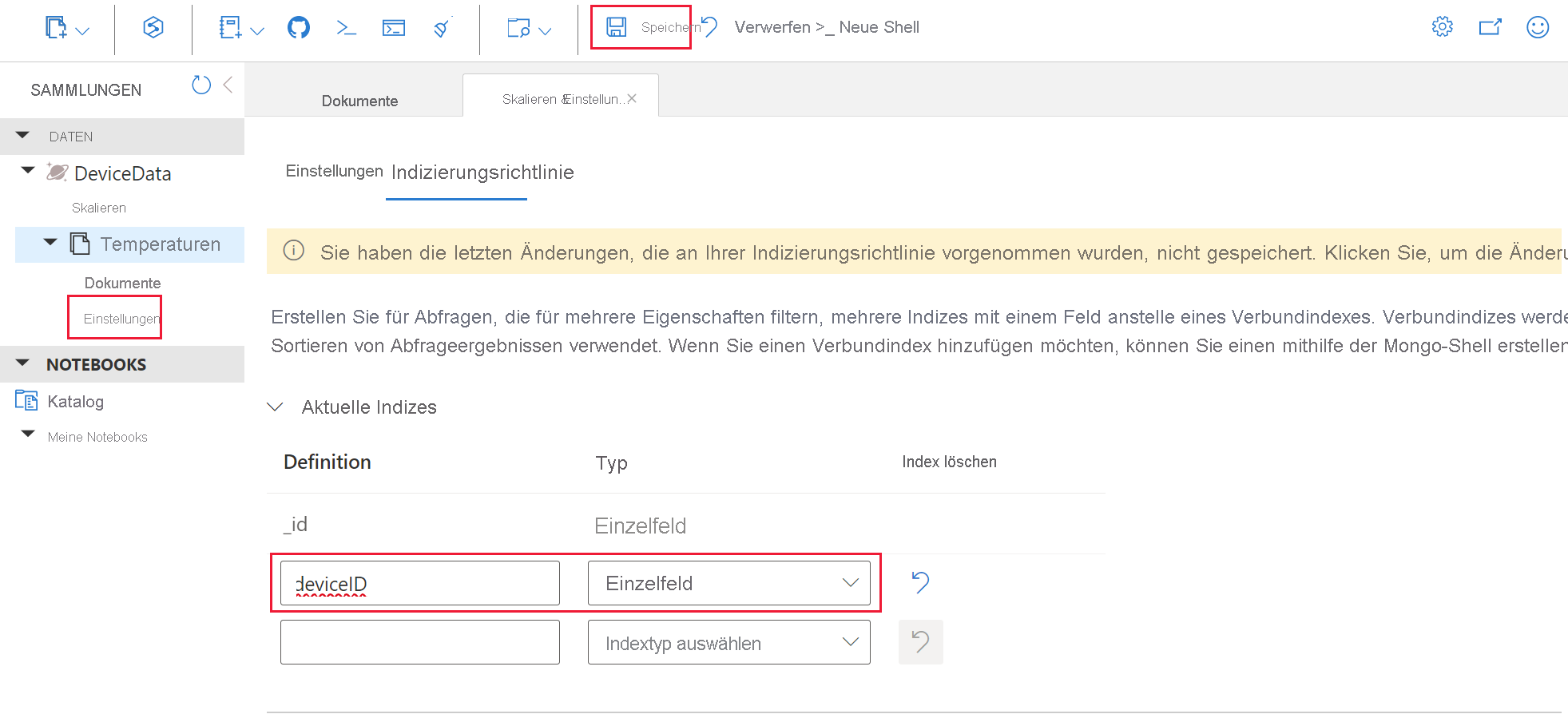 Screenshot showing adding a Cosmos DB indexing policy.