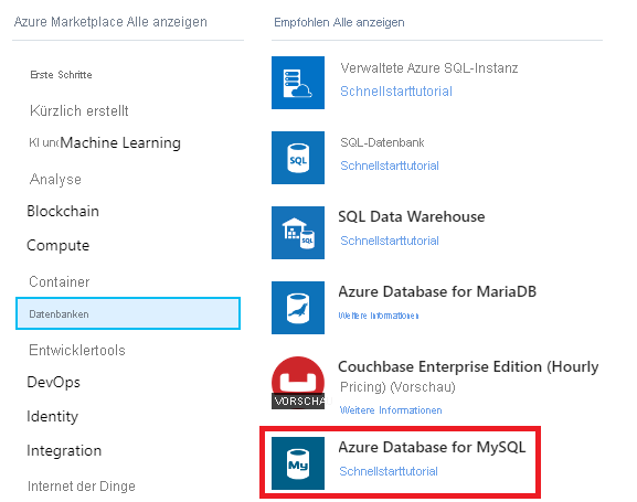 Abbildung: Azure Database for MySQL-Element im Azure Marketplace