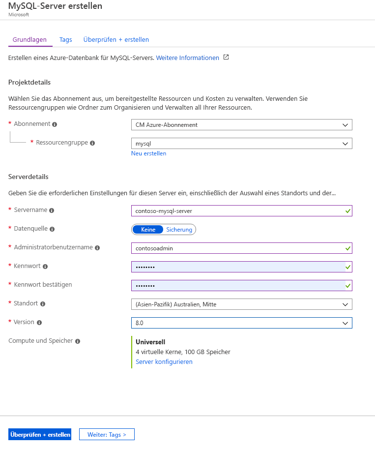 Screenshot einer Beispielkonfiguration für Azure Database for MySQL im Azure-Portal