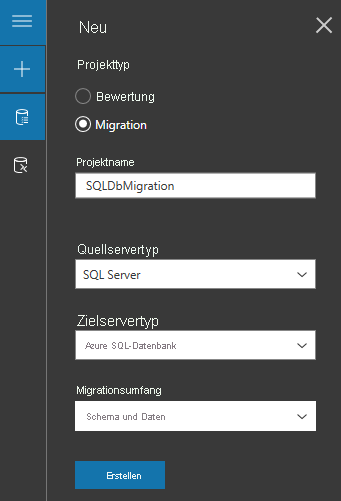 Screenshot: Initiieren eines neuen Migrationsprojekts im Datenmigrations-Assistenten.