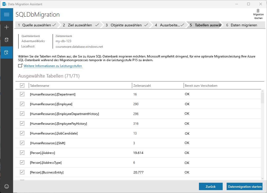 Screenshot: Registerkarte „Tabellen auswählen“ im Datenmigrations-Assistenten.