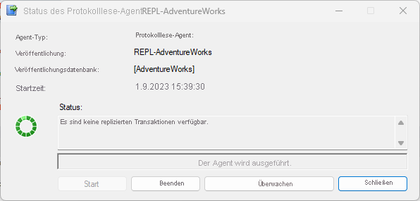 Screenshot: Status des Protokolllese-Agents bei einer Transaktionsreplikation.