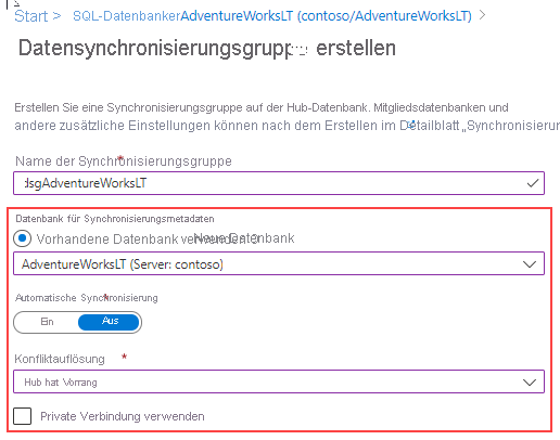 Screenshot: Seite „Neue Synchronisierungsgruppe“ im Azure-Portal.