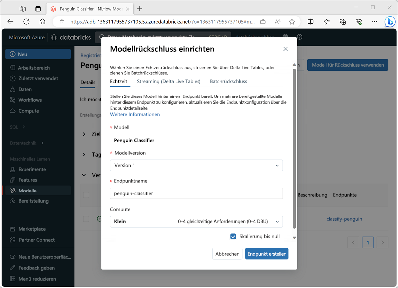 Screenshot of the Set up model inference dialog box in the Azure Databricks portal.