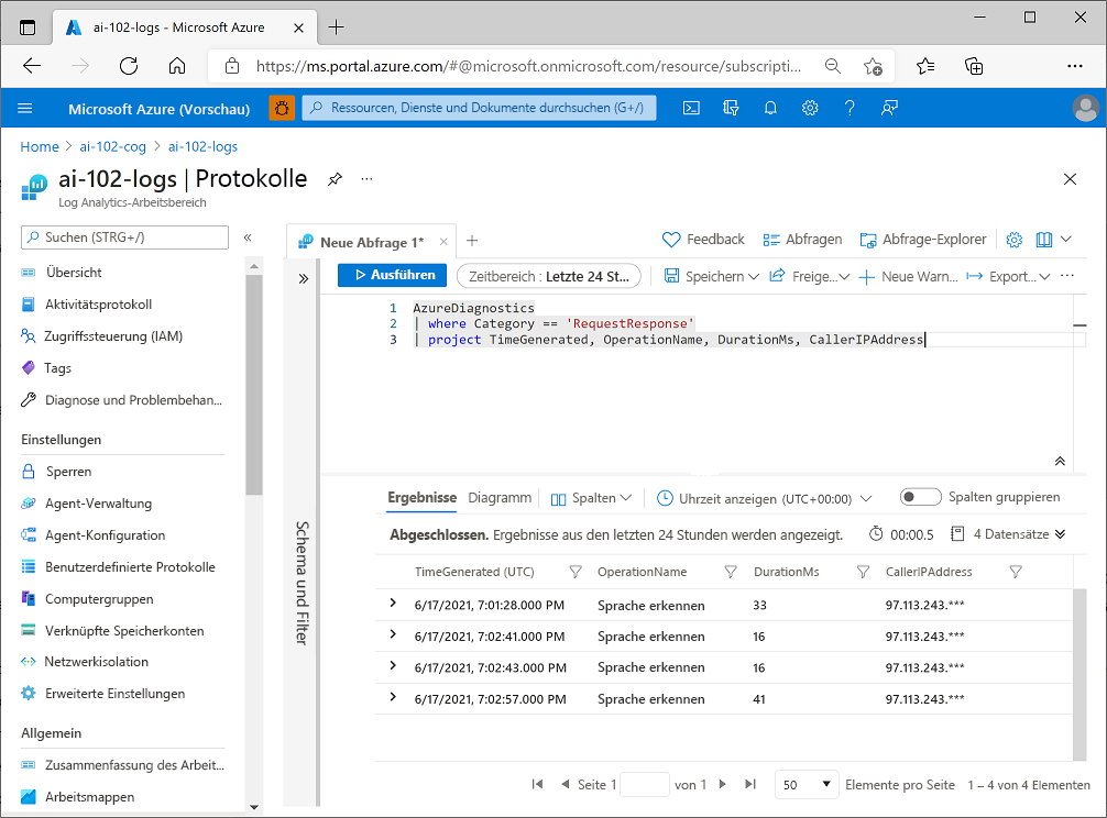 Screenshot einer Azure Log Analytics-Abfrage, die Diagnosedaten zurückgibt, die für eine Azure KI Services-Ressource protokolliert wurden