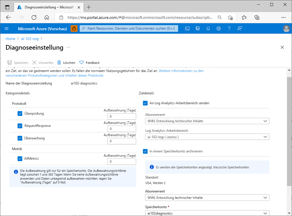 Screenshot der Diagnoseeinstellungen für eine Azure KI Services-Ressource