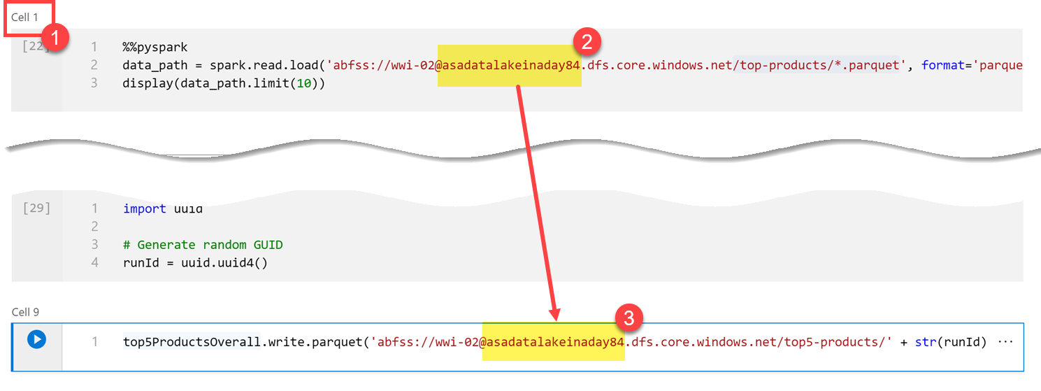 Der Pfad wird mit dem Namen des primären Data Lake-Kontos aktualisiert.