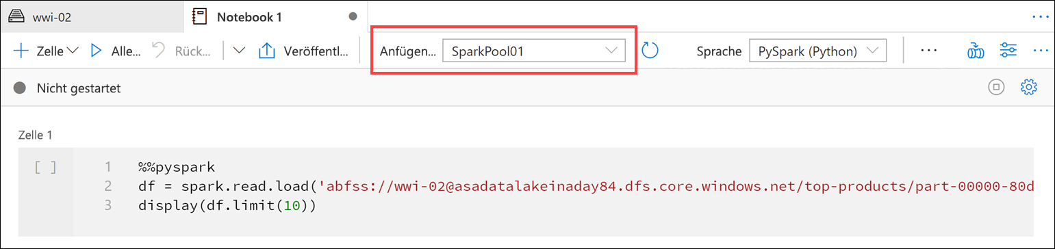 Das Menüelement „An Spark-Pool anfügen“ ist hervorgehoben.