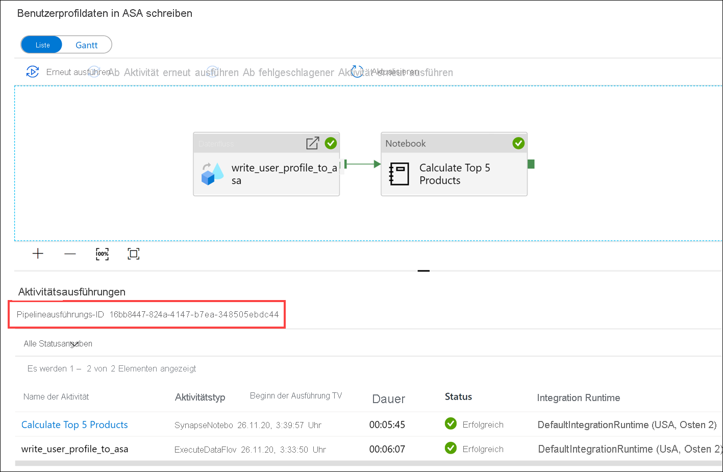 Die ID der Pipelineausführung ist hervorgehoben.
