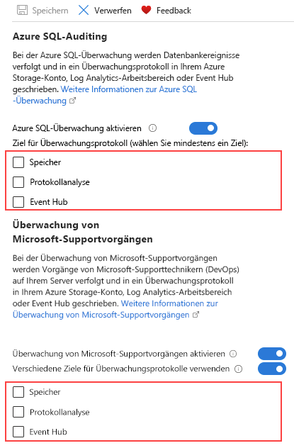 Screenshot of the Auditing page of a SQL server.