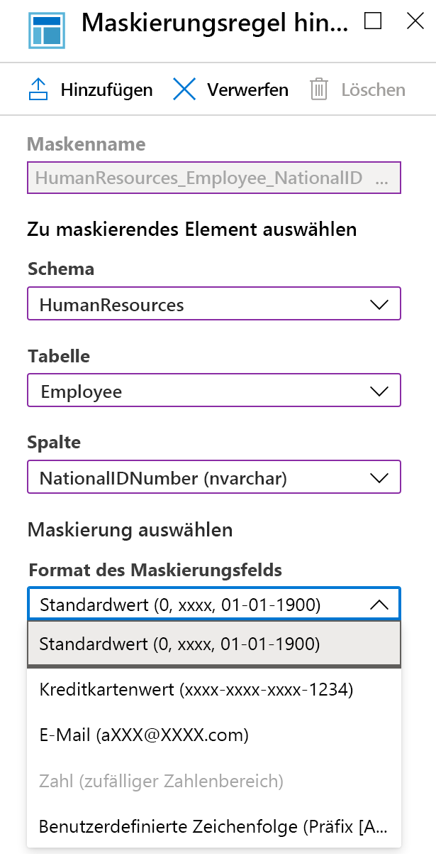 Screenshot of how to add masking rule in Azure portal.