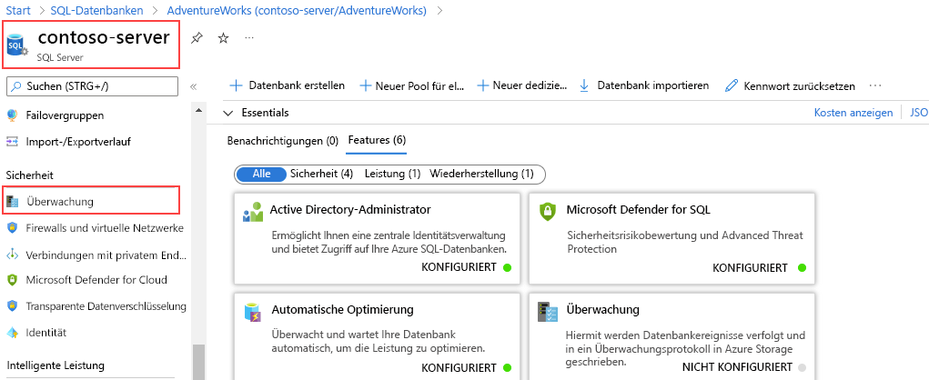 Screenshot of auditing option in the Security section of a SQL server.