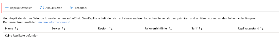 Screenshot der Replikatseite von Azure SQL-Datenbank.