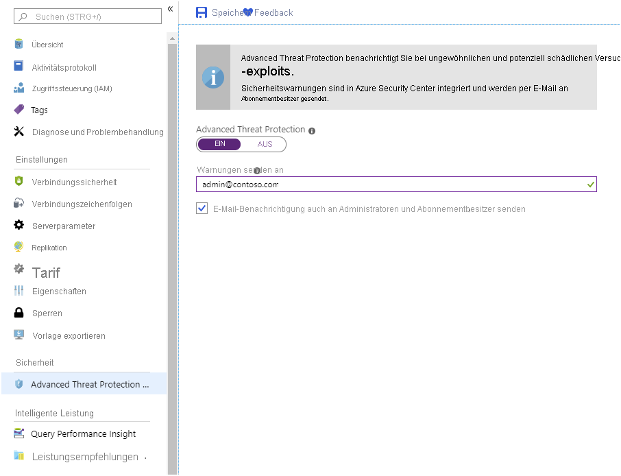 Image showing the Advanced Threat Protection page for Azure Database for MySQL or PostgreSQL