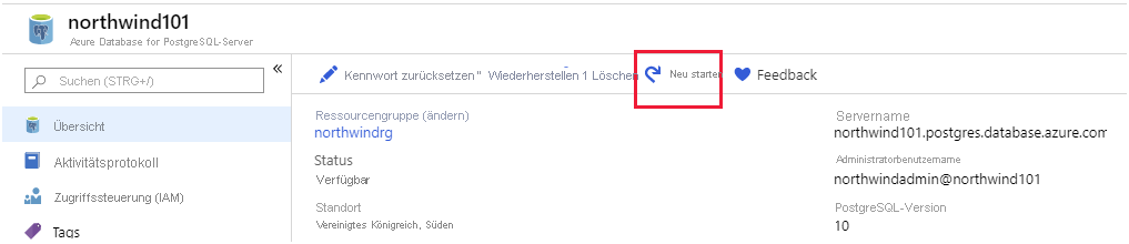 Image of the Overview page for Azure Database for PostgreSQL. The Restart button is highlighted