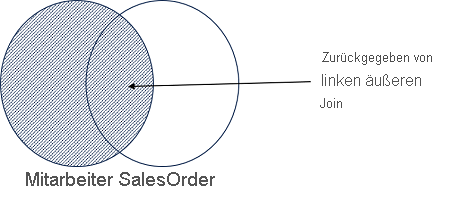 A Venn diagram showing the outer join results of the Employee and SalesOrder sets