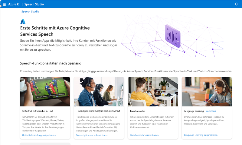 Screenshot der Startseite von Microsoft Speech Studio