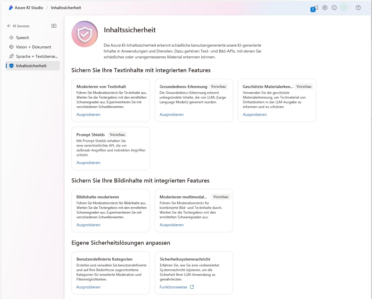 Screenshot des Inhaltssicherheit Studios in Azure AI Foundry