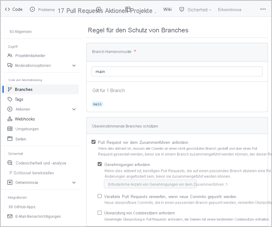 Screenshot of configuring a branch protection rule in GitHub.