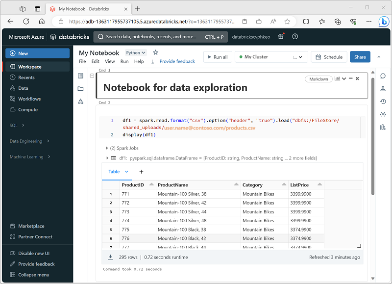 Screenshot eines Notebooks in Azure Databricks.