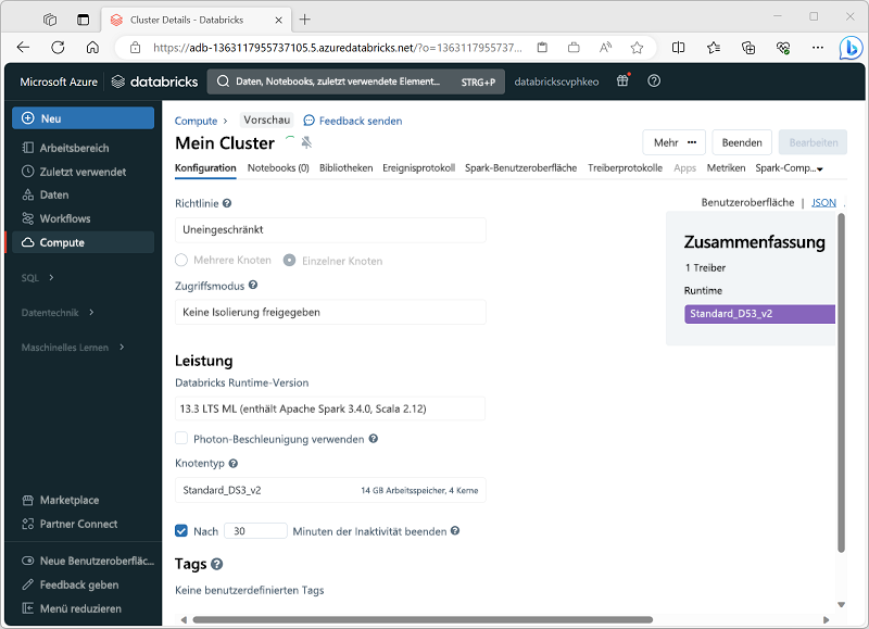 Screenshot of the Create Cluster interface in the Azure Databricks portal.