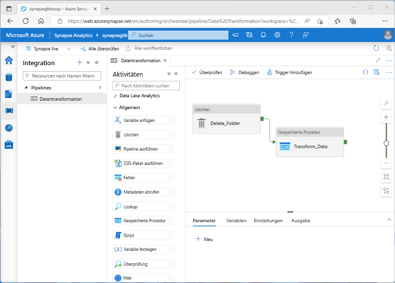 Screenshot einer Pipeline mit einer „Delete“-Aktivität und einer „Stored procedure“-Aktivität